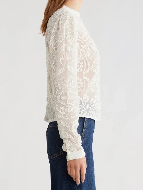 FARM Rio Ivory Sheer Embroidered Mock-Neck Blouse - Picture 3 of 6